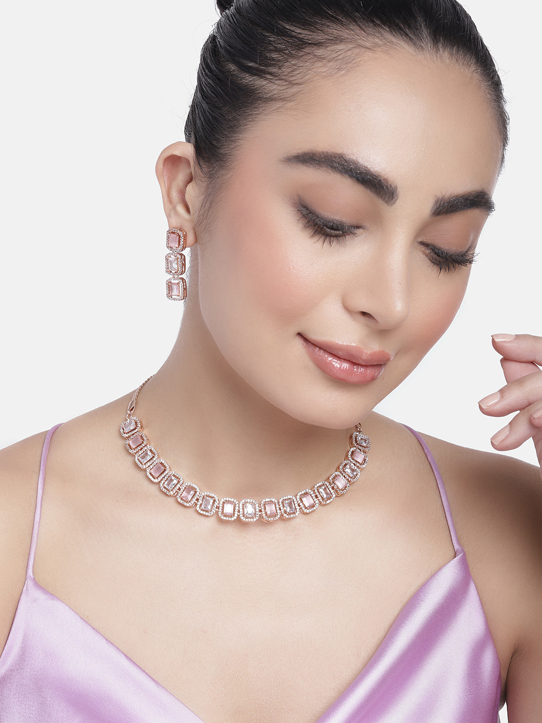 

Estele Rose Gold-Plated CZ-Studded Jewellery Set, Pink