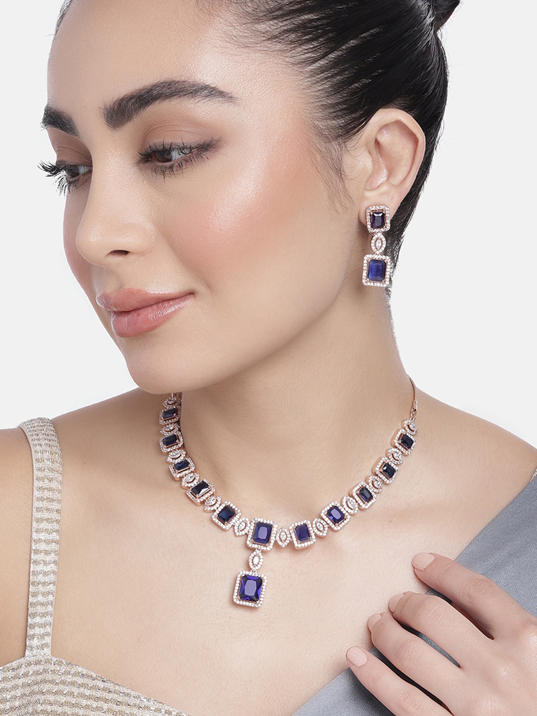 

Estele Rose Gold-Plated CZ-Studded Jewellery Set, Navy blue