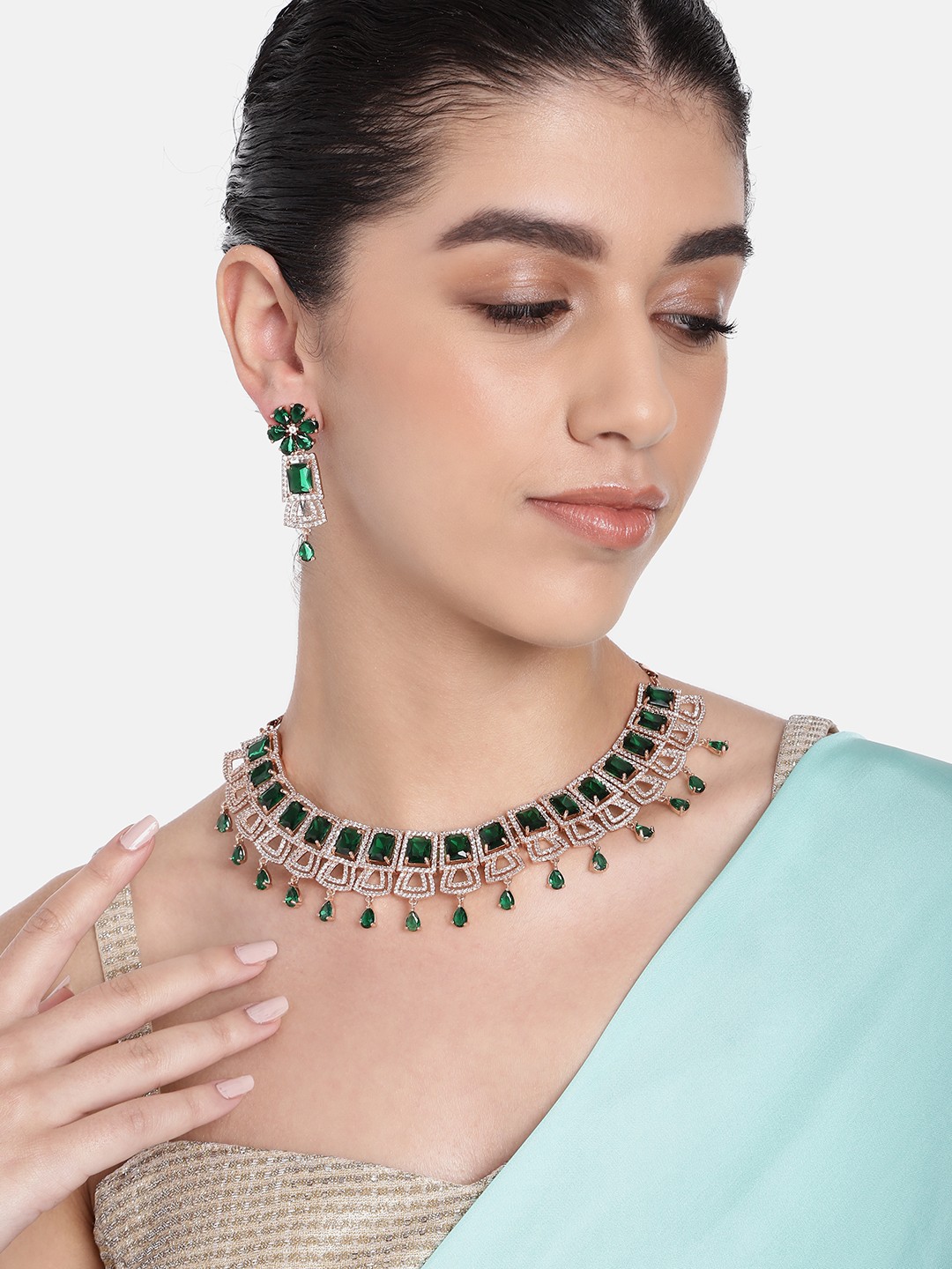 

Estele Rose Gold-Plated Cubic Zirconia Jewellery Set, Green