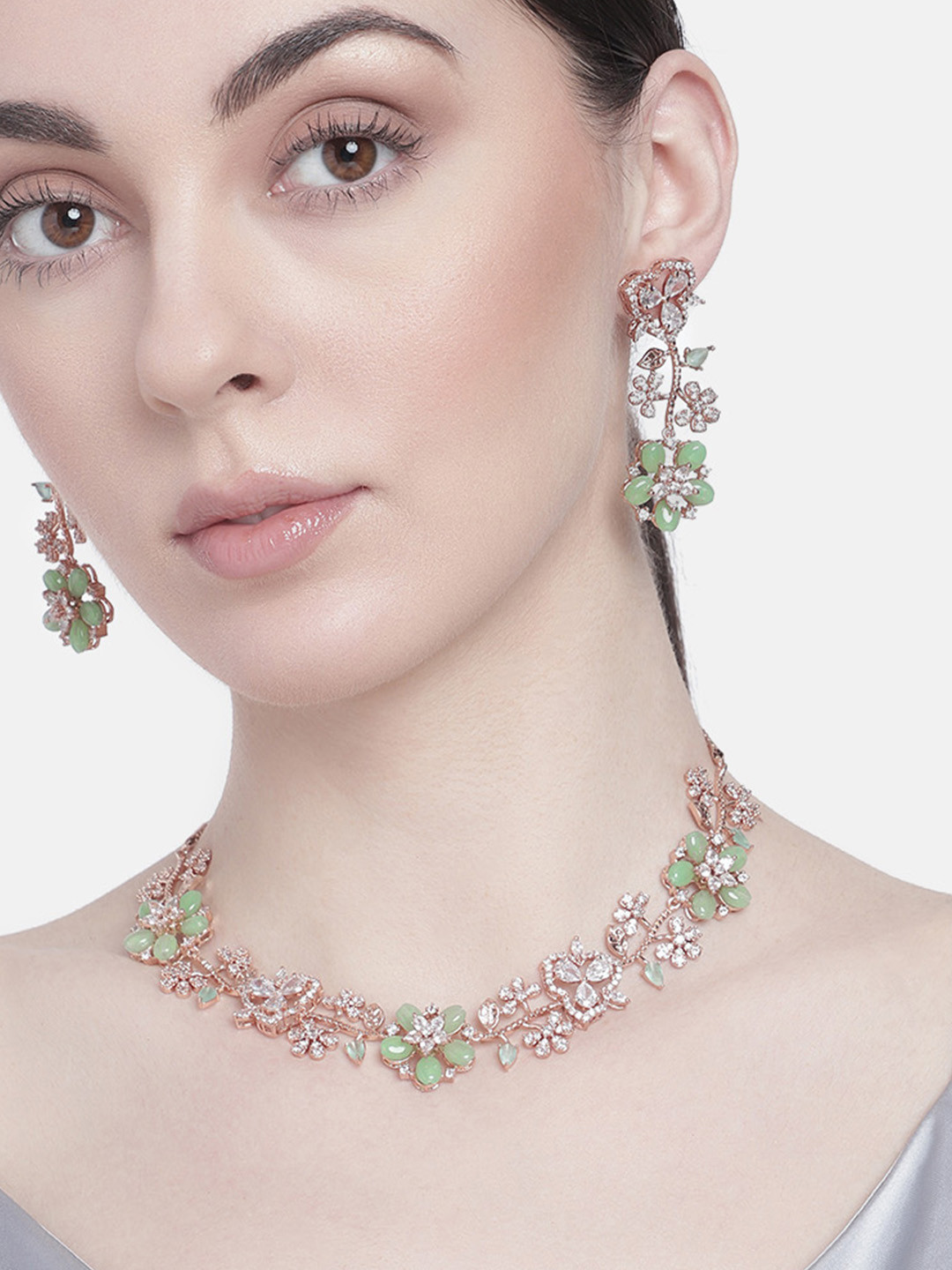 

Estele Rose Gold-Plated Floral Cubic Zirconia Jewellery Set, Sea green