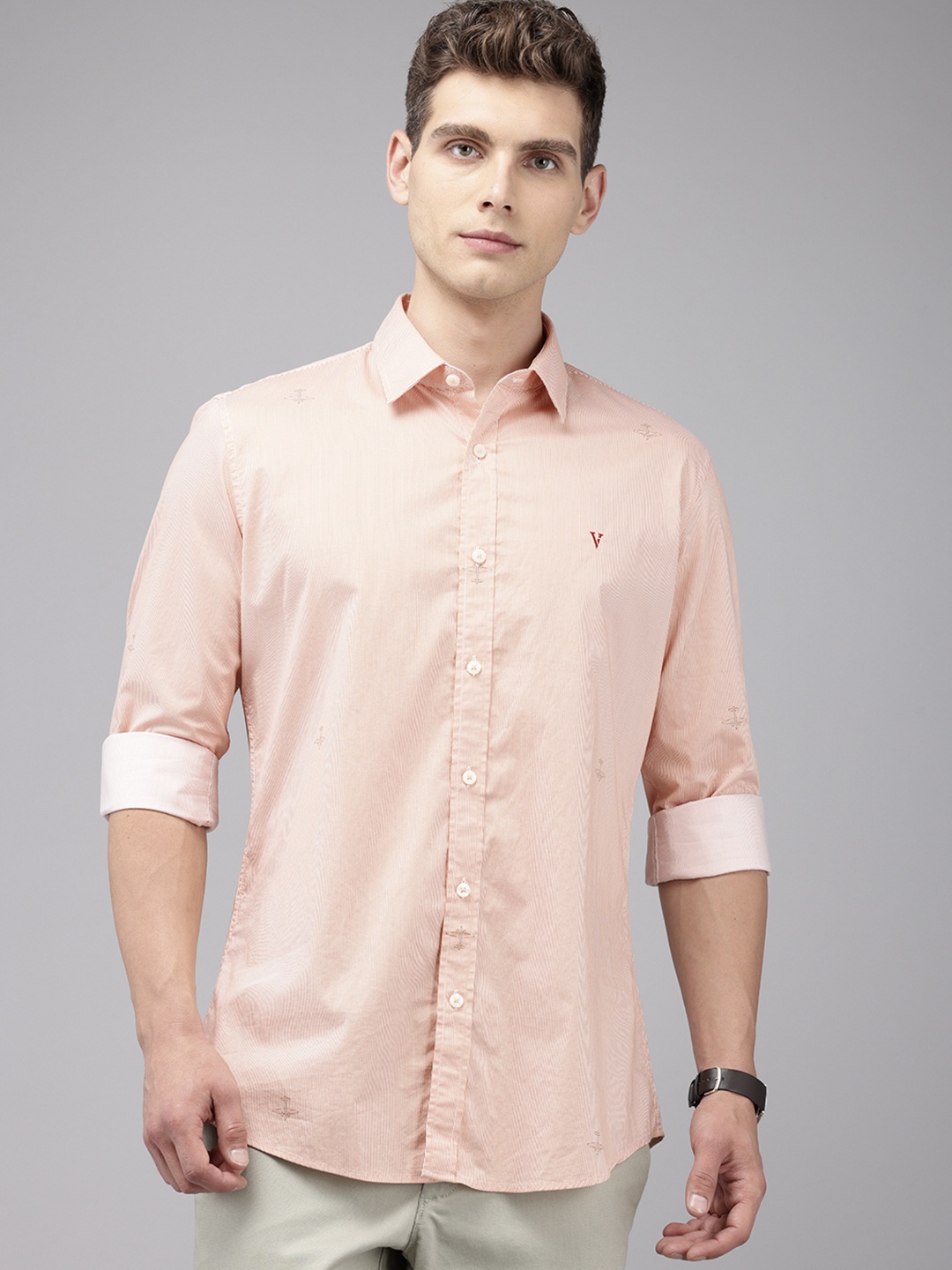 

Van Heusen Sport Pure Cotton Slim Fit Opaque Striped Casual Shirt, Peach