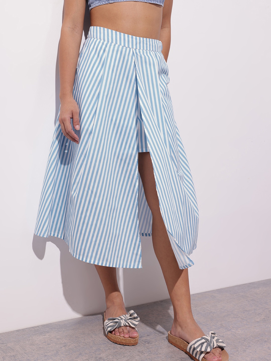 DressBerry The Minimalist Stripes Angular Accents Midi Skirt, Blue