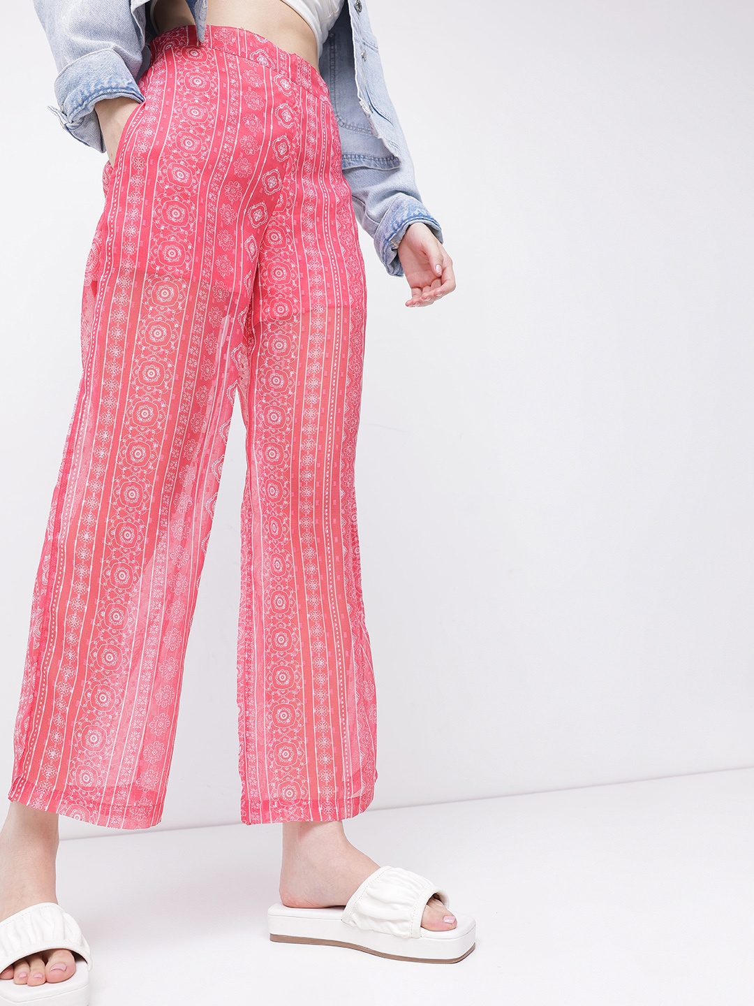 

DressBerry Delicate Dobby Ethnic Elegance Semi-Sheer Trousers, Pink