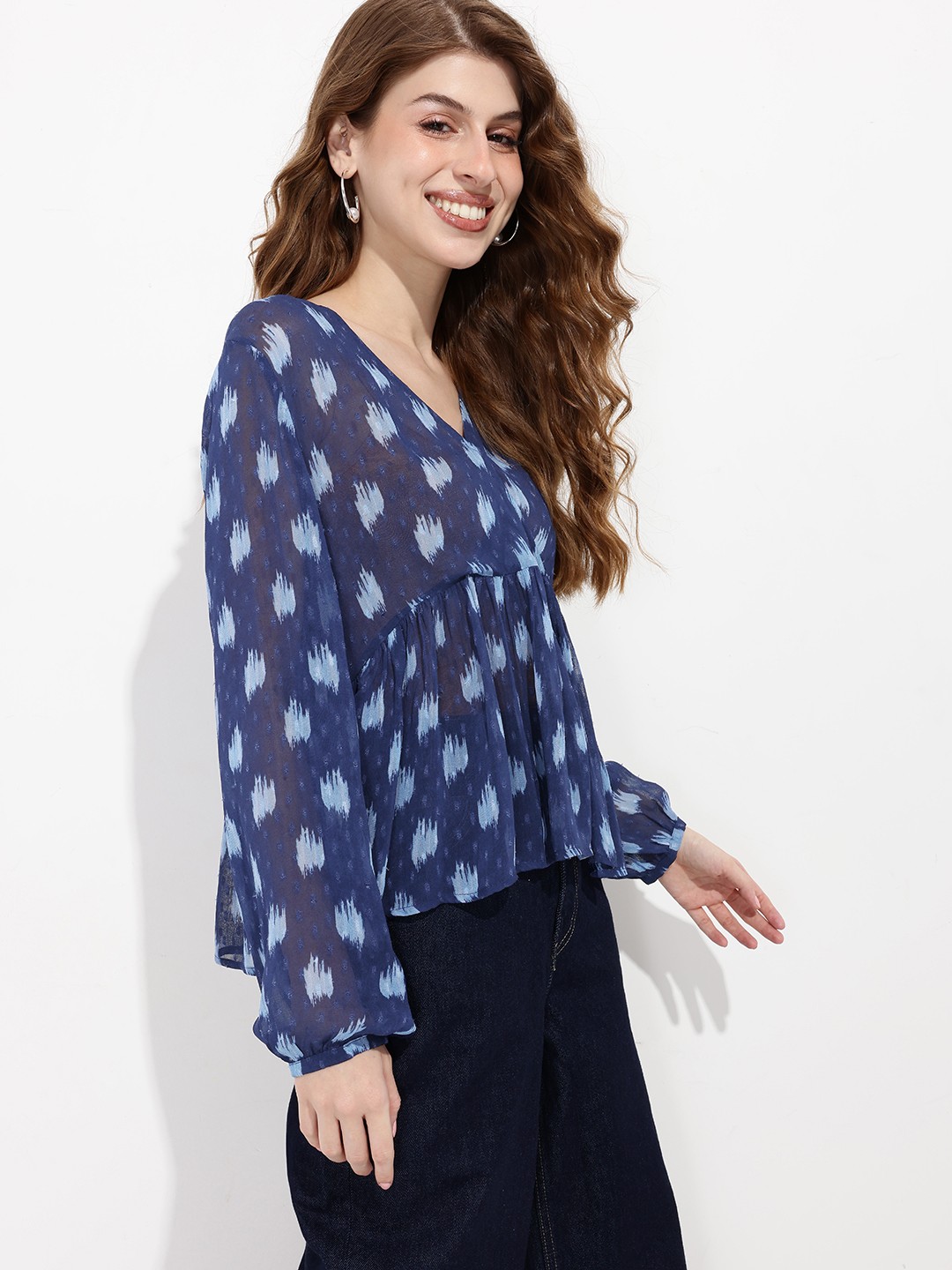 

DressBerry Dobby Drama Brush Strokes Print Wrap Top, Blue