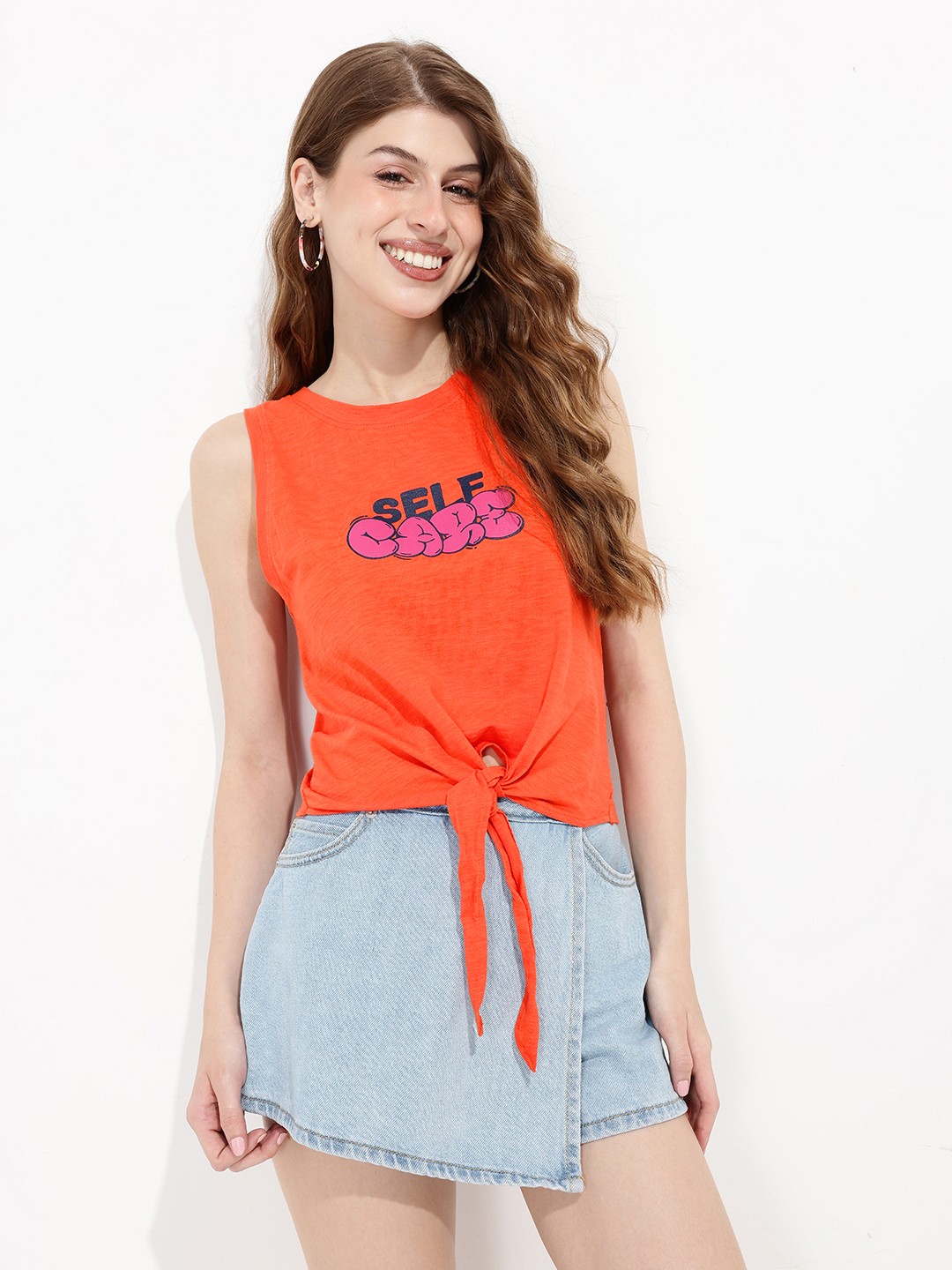 

DressBerry Casual Inspiration Love For Typography Tie-Up Top, Orange