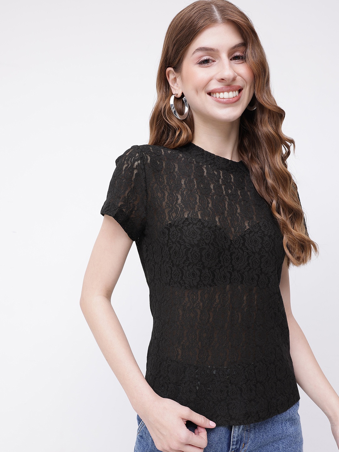 

DressBerry Sheer Stunner Fitted Top, Black