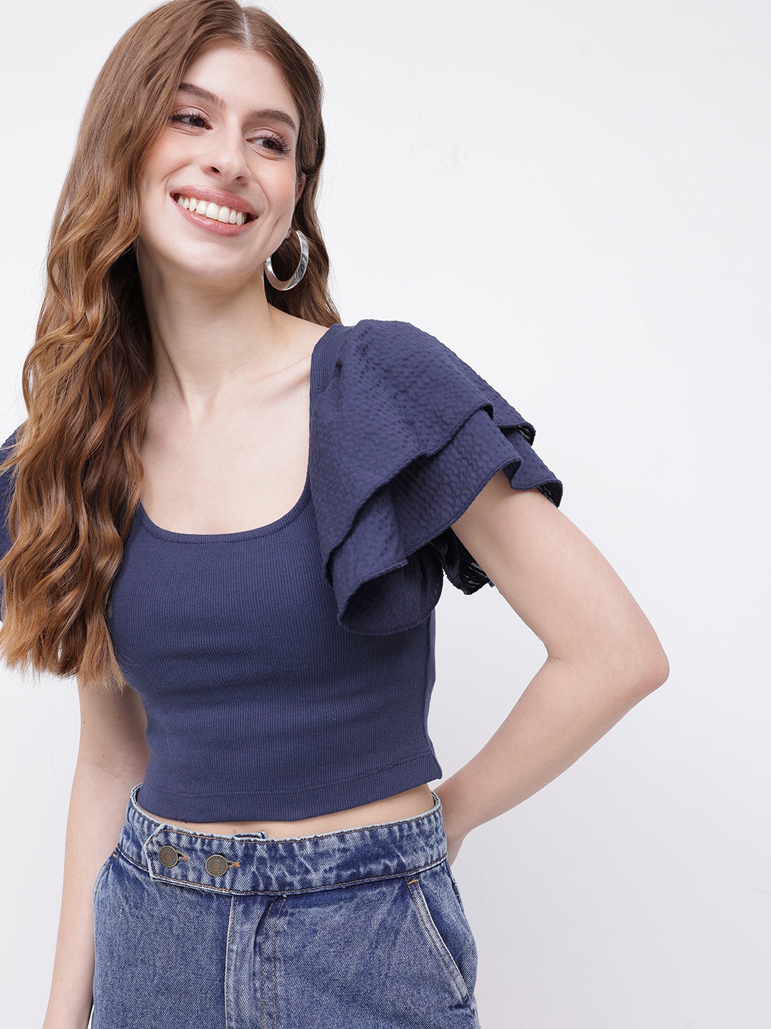 

DressBerry Cute Expedition Flared Sleeves Ribbed Crop Top, Navy blue