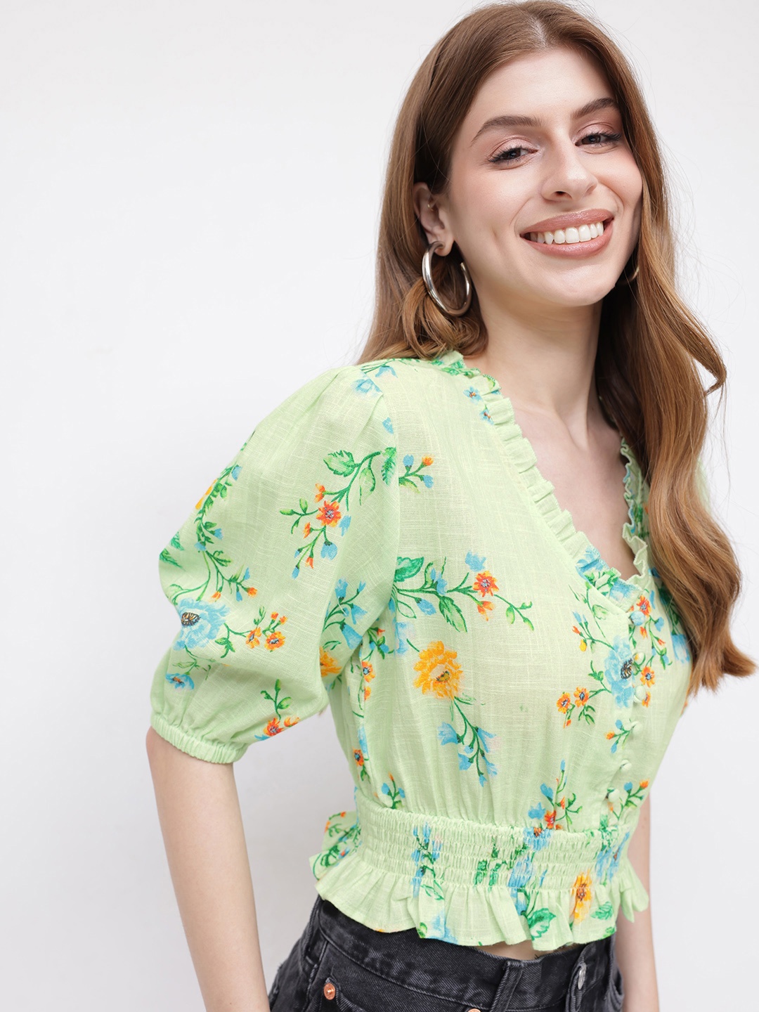 

DressBerry The Breezy Floral Bloom Smocked Blouson Top, Green