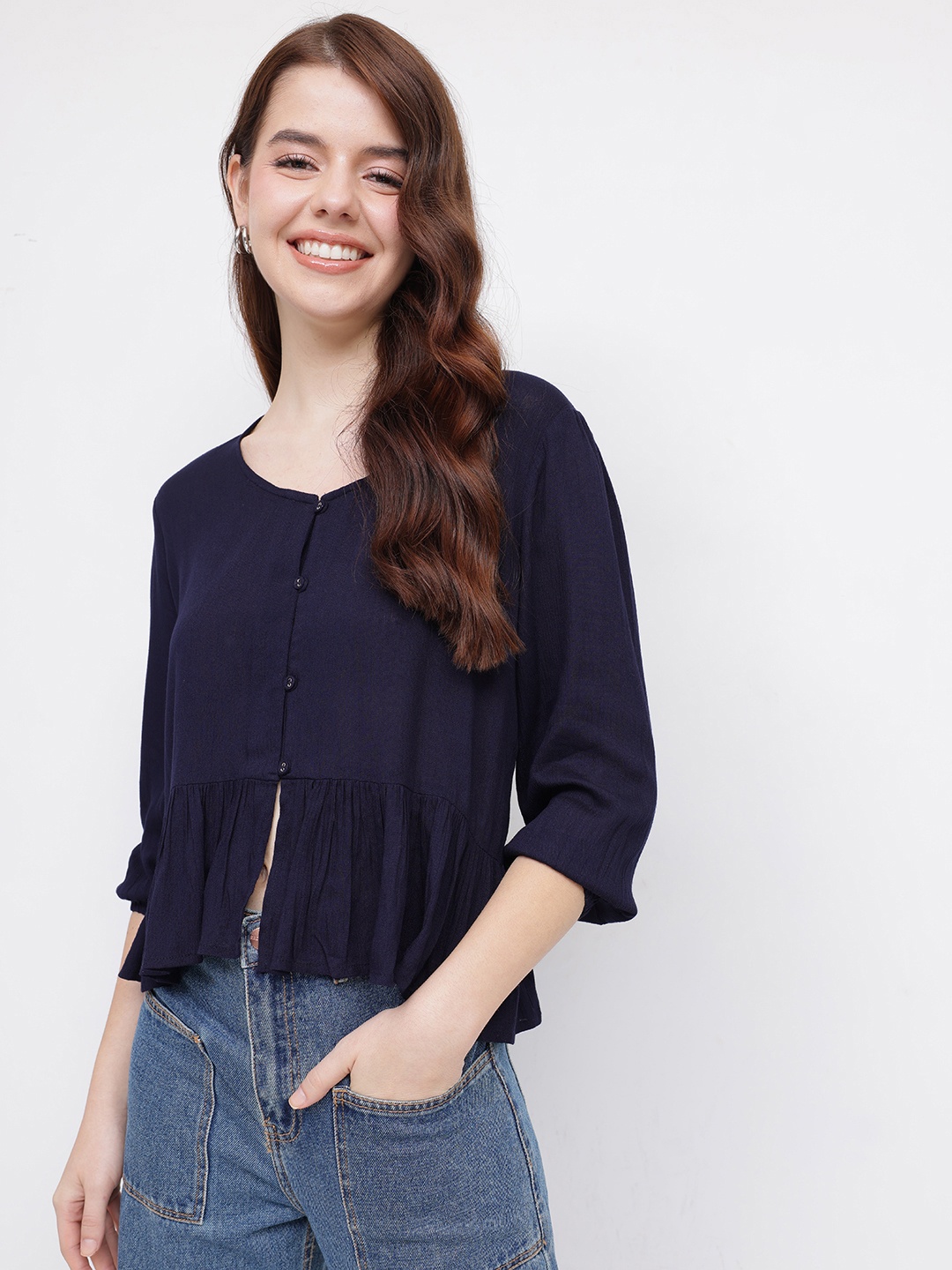 

DressBerry Effortless Chic Pleated A-Line Top, Navy blue