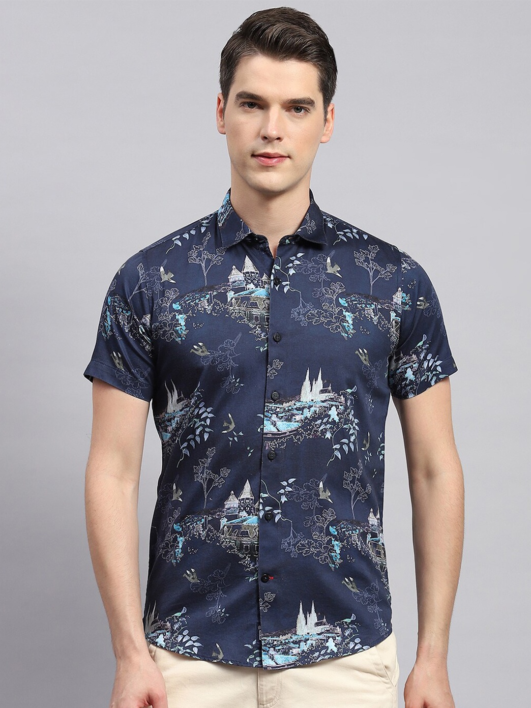 

Monte Carlo Floral Printed Opaque Cotton Casual Shirt, Blue