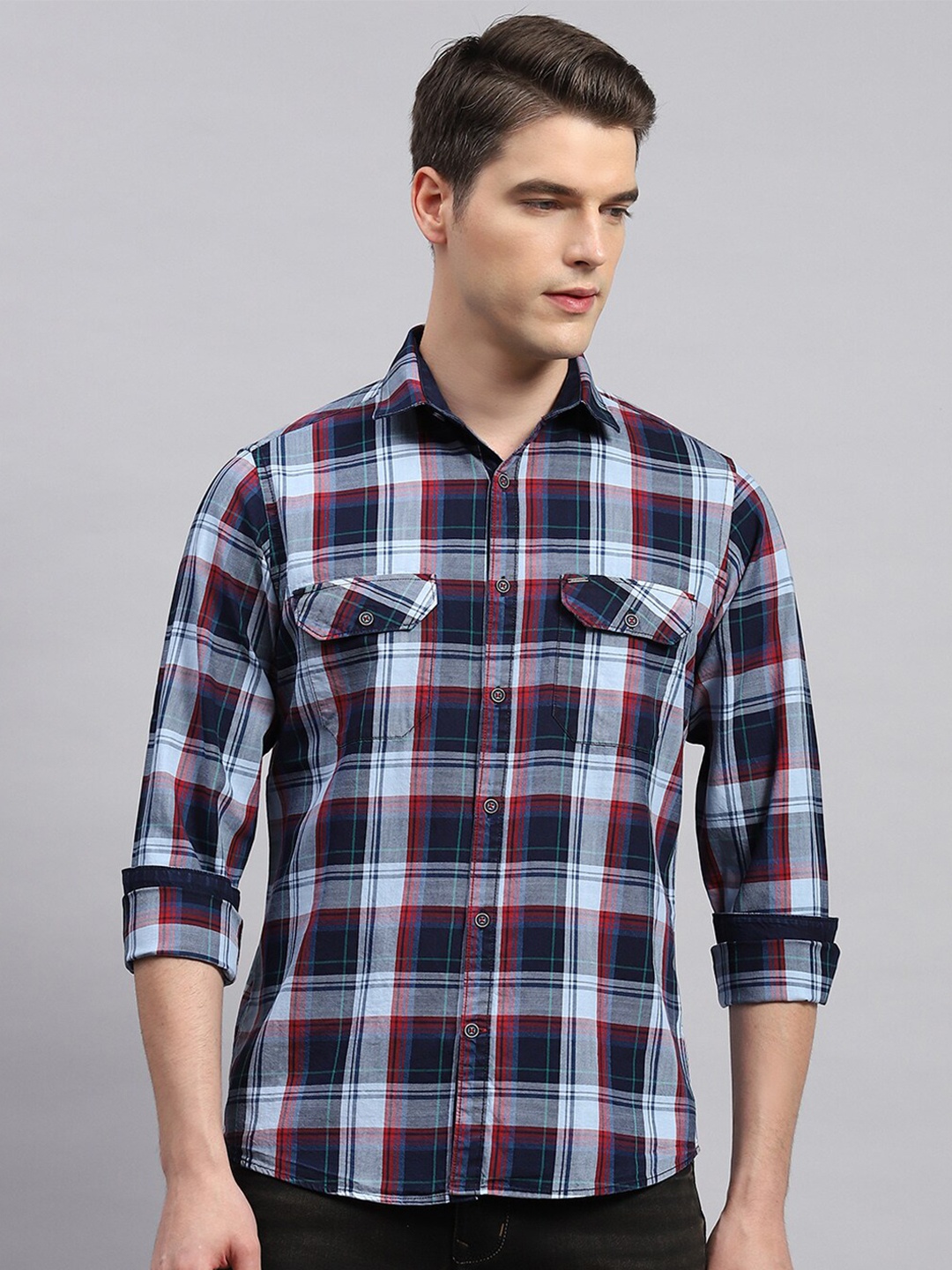 

Monte Carlo Tartan Checked Spread Collar Cotton Casual Shirt, Blue