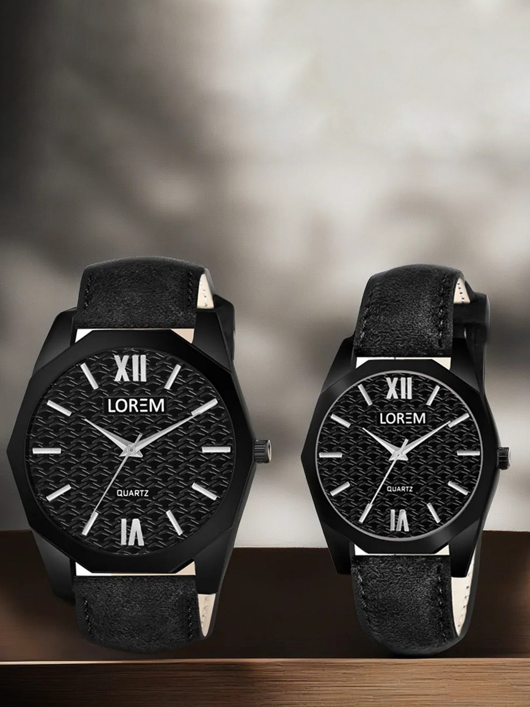 

LOREM Set of 2 Printed Dial & Textured Straps Analogue Watches LR82-LR329-A, Black