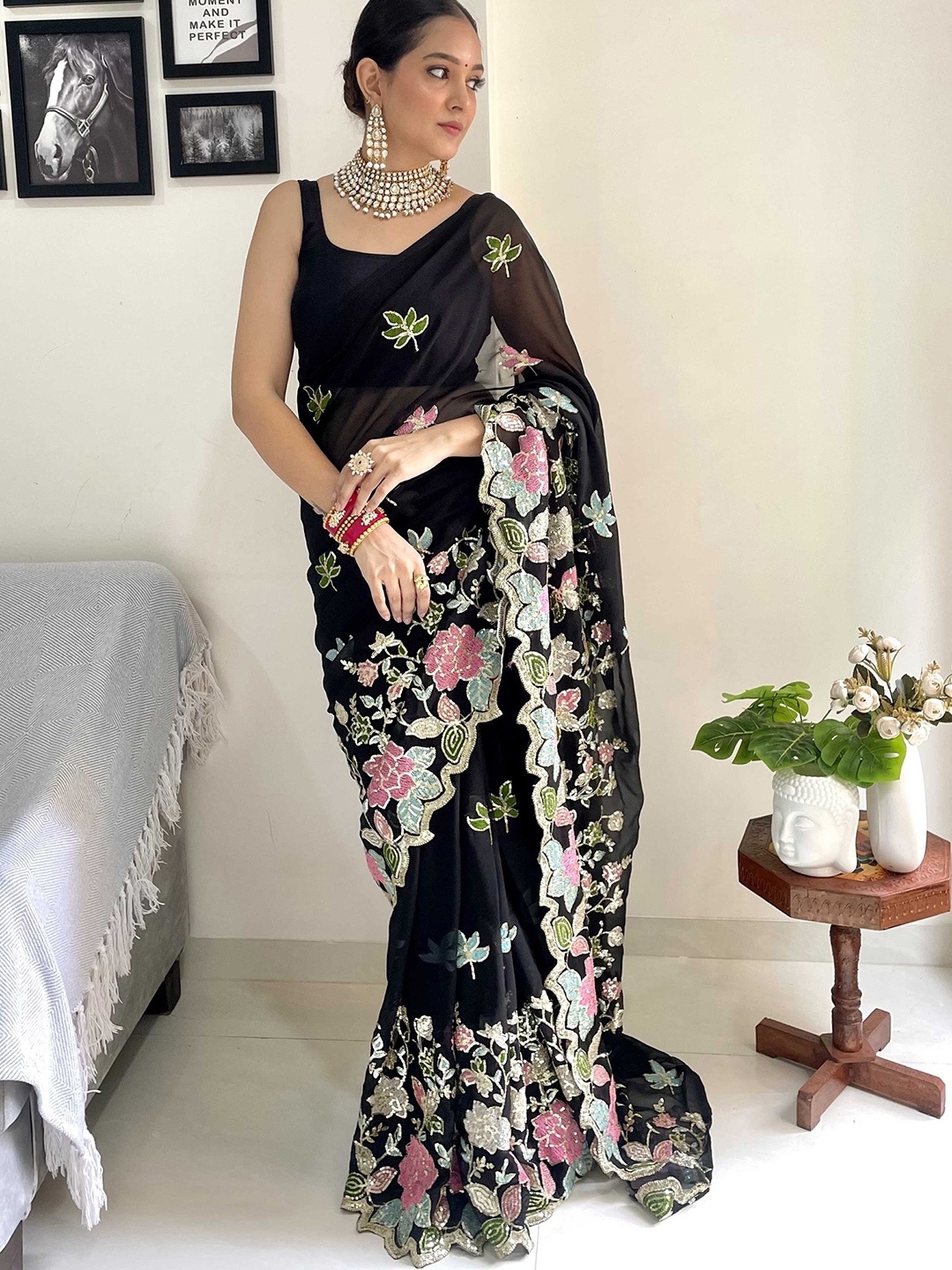

Mitera Floral Embroidered Saree, Black