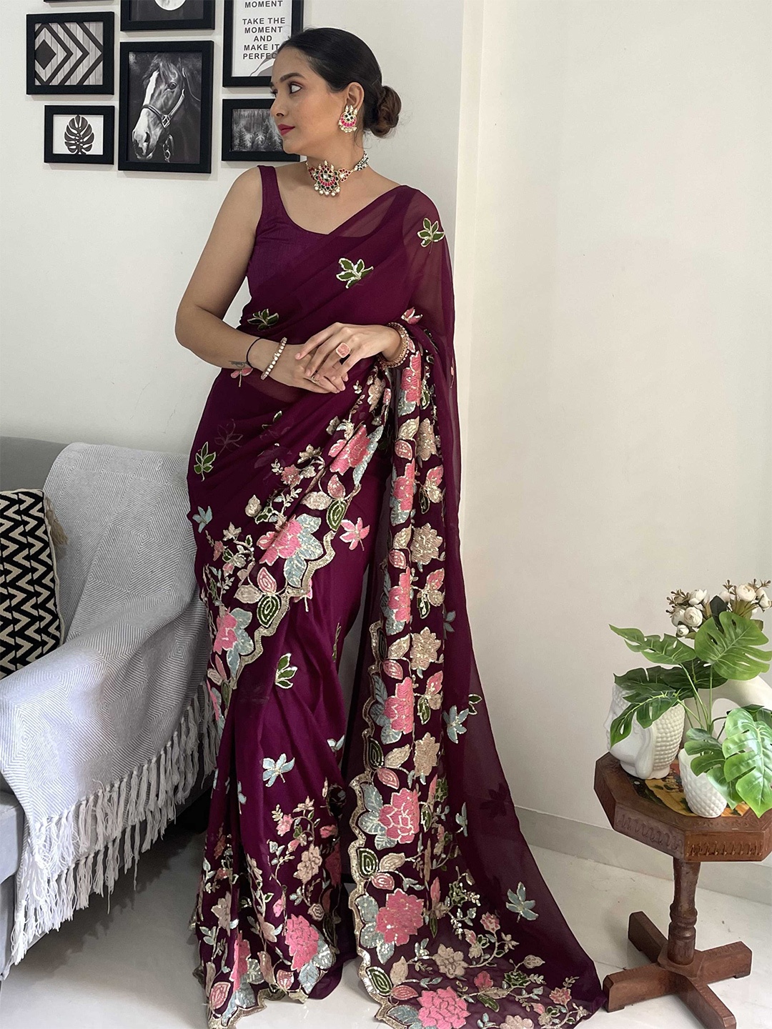 

Mitera Floral Embroidered Saree, Purple