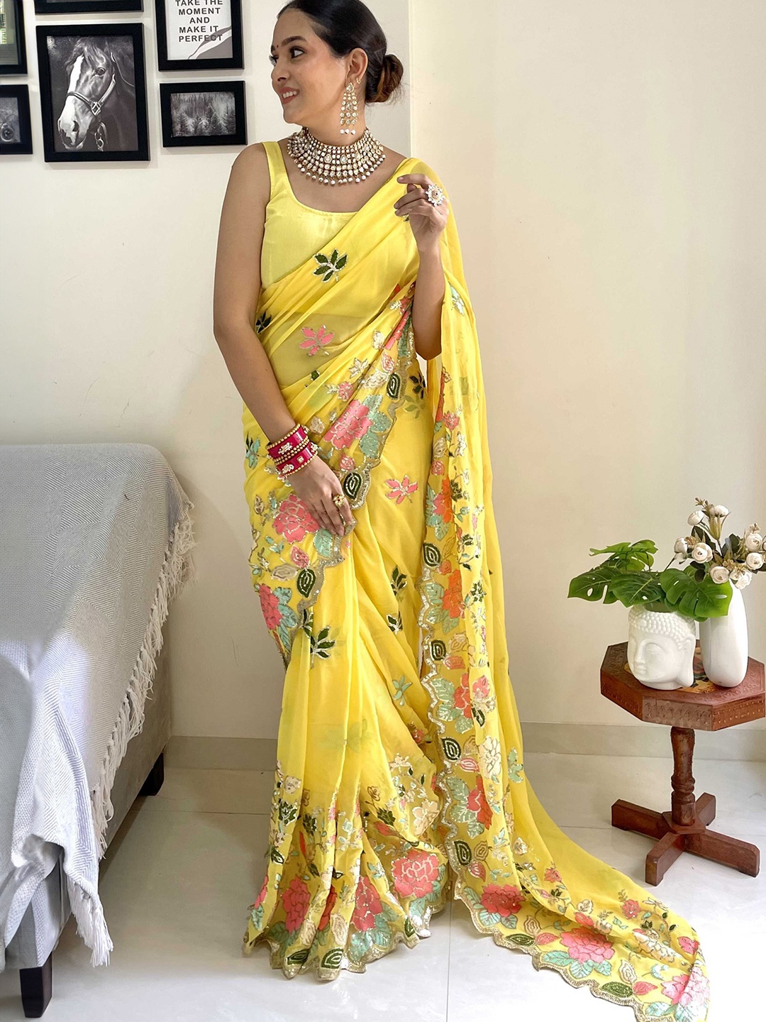 

Mitera Floral Embroidered Saree, Yellow