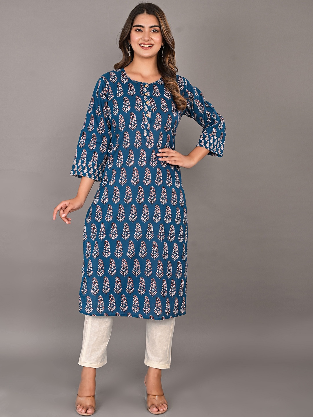 

Kaheksa Ethnic Motifs Printed Cotton Straight Kurta, Blue