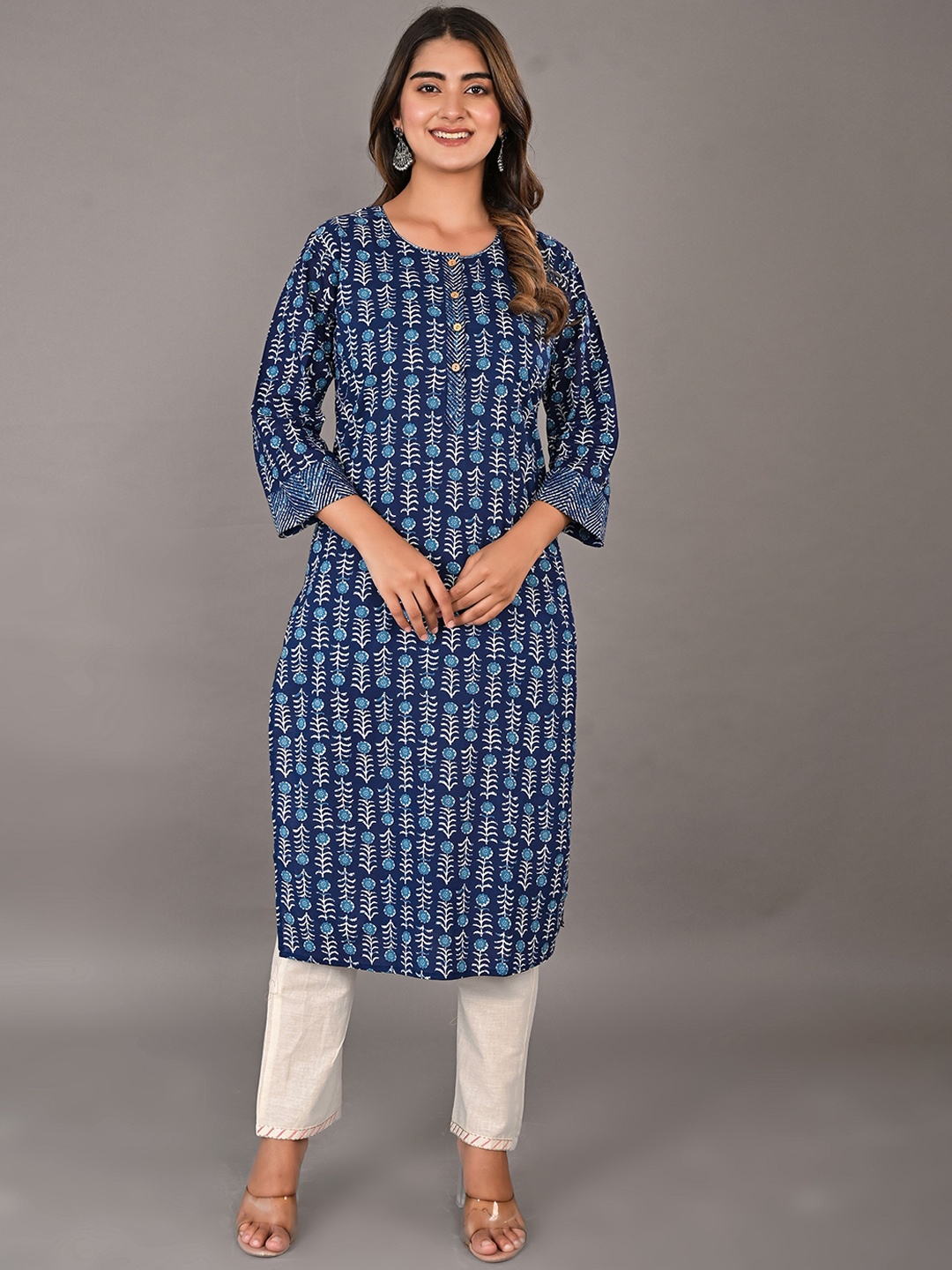 Kaheksa Floral Printed Cotton Straight Kurta, Blue