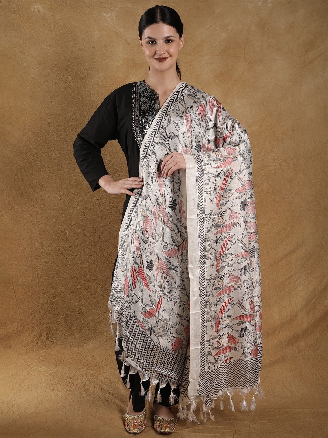 

Exotic India Cannoli Cream Banglori Satin Birds and Leaf Printed Dupatta with Tassels