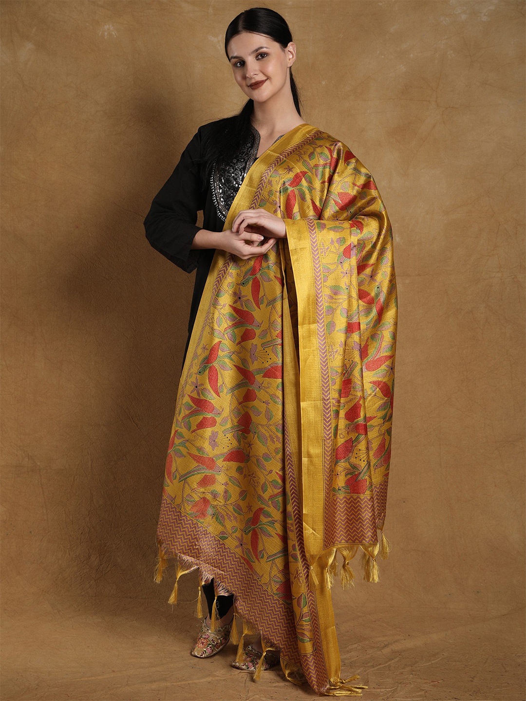

Exotic India Floral Khari Print Satin Dupatta, Gold
