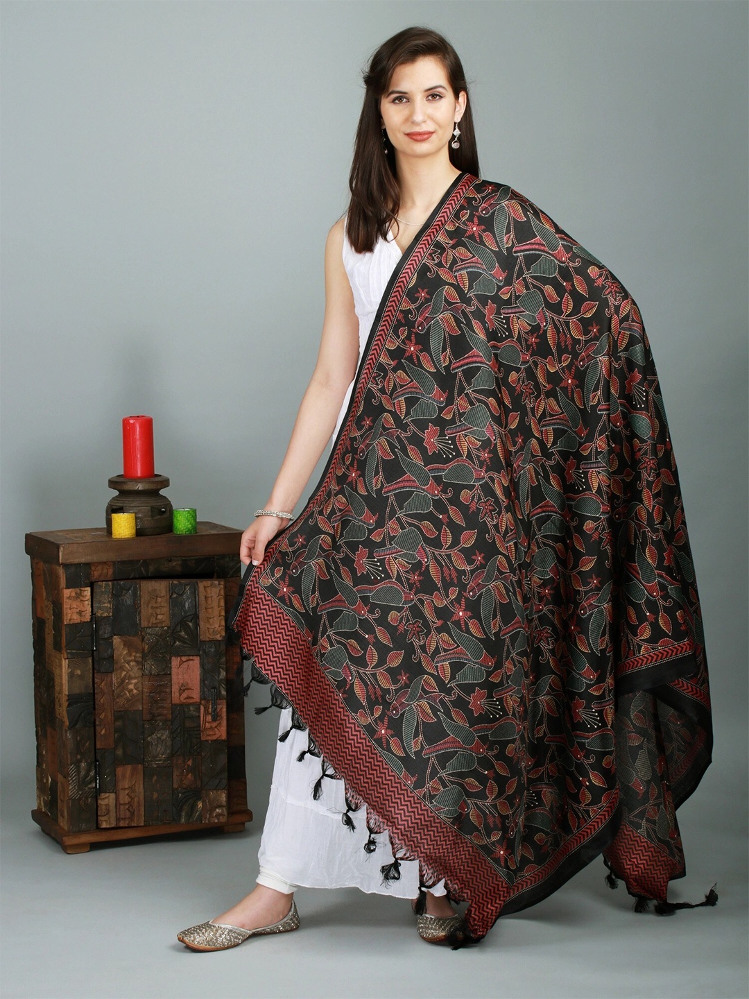 

Exotic India Floral Khari Print Satin Dupatta, Black