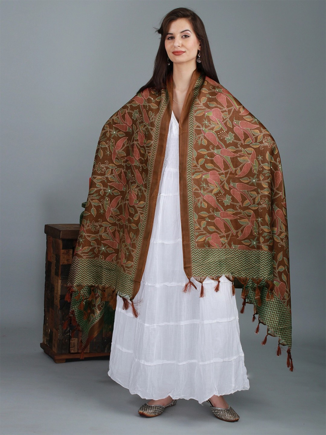 

Exotic India Brown Banglori Satin Birds and Leaf Printed Dupatta with Tassels