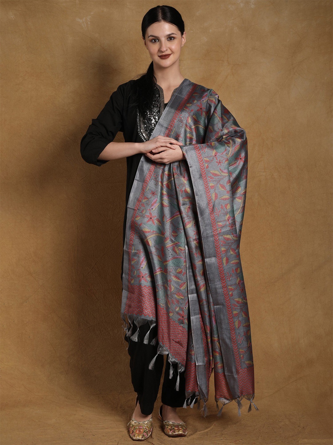

Exotic India Frost Gray Banglori Satin Birds and Leaf Printed Dupatta with Tassels, Grey