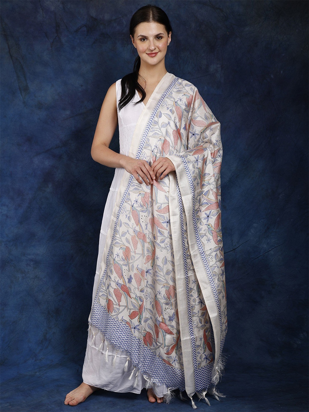 

Exotic India Floral Khari Print Satin Dupatta, White