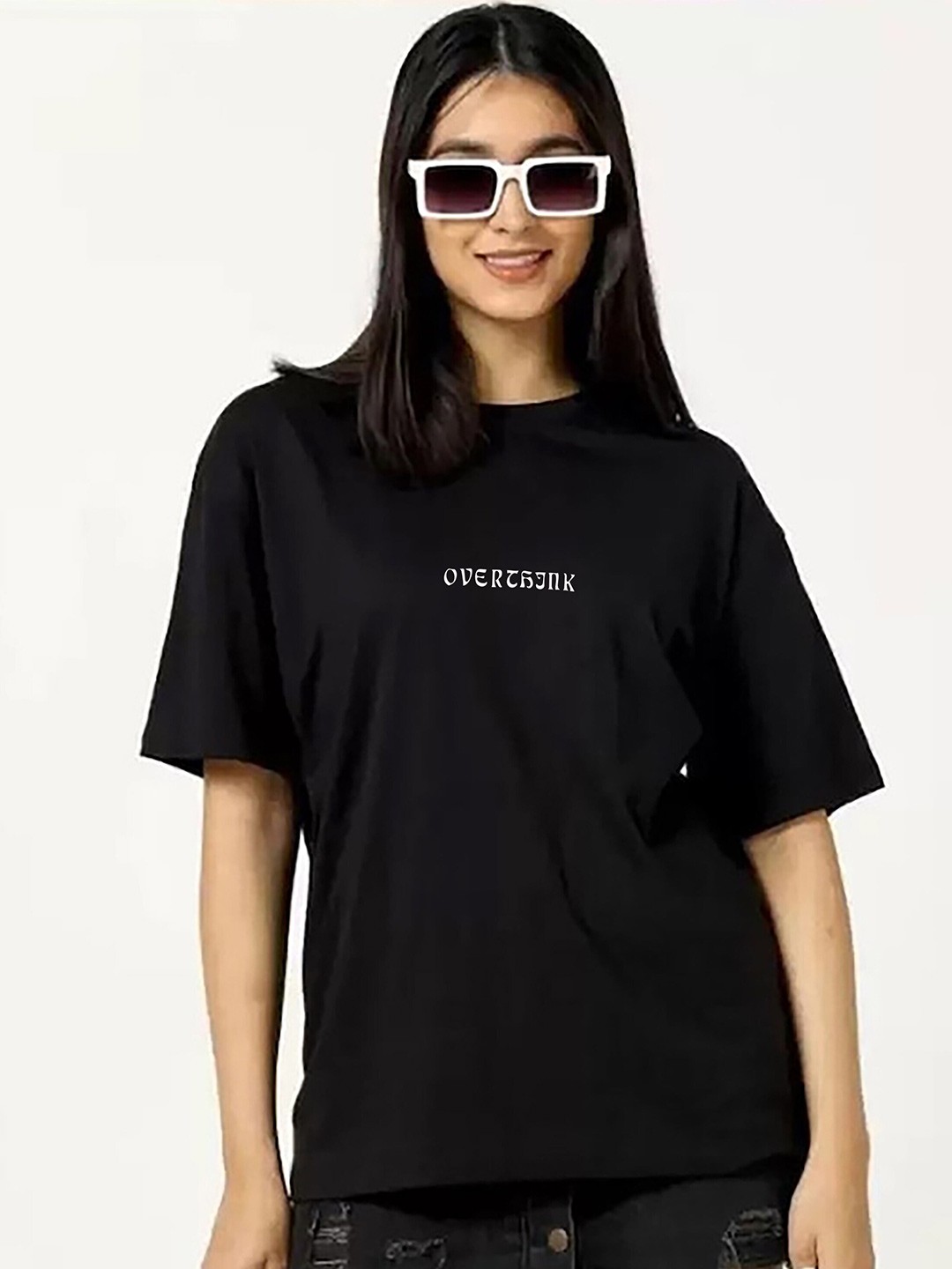 

MISCHIEF MONKEY Typography Printed Round Neck Pure Cotton Oversized T-shirt, Black