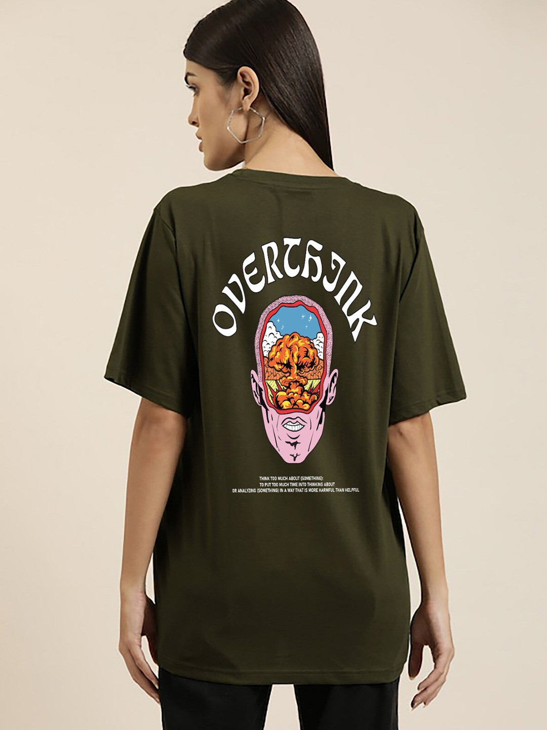 

MISCHIEF MONKEY Graphic Printed Round Neck Pure Cotton Oversized T-shirt, Olive