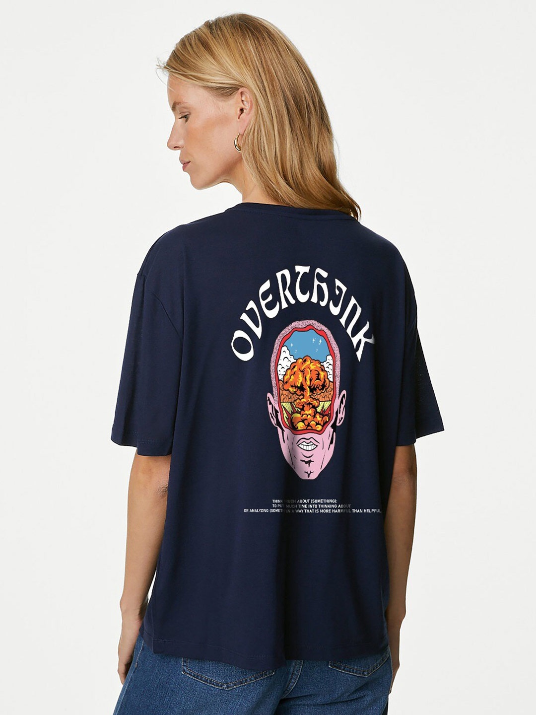 

MISCHIEF MONKEY Graphic Printed Round Neck Pure Cotton Oversized T-shirt, Navy blue