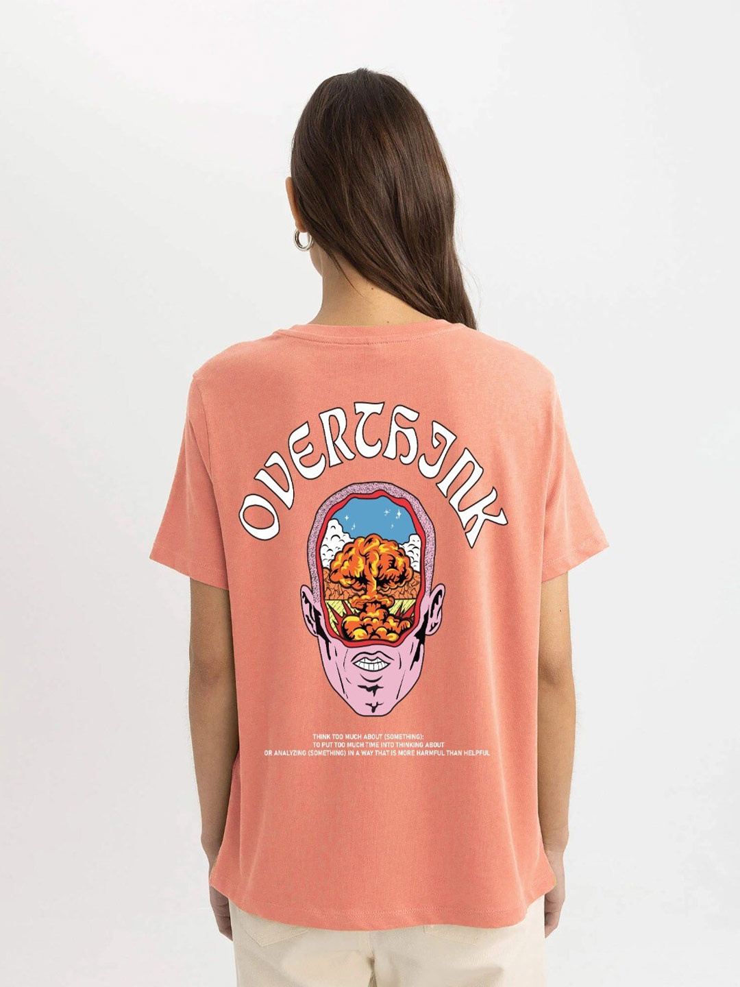 

MISCHIEF MONKEY Graphic Printed Round Neck Pure Cotton Oversized T-shirt, Peach