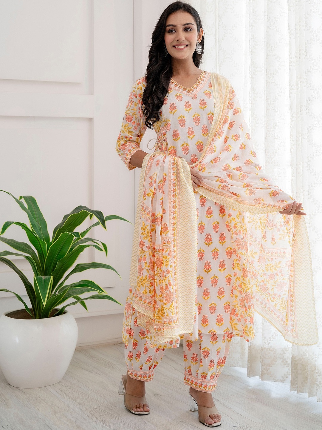 

SOMAPAH Floral Printed Angrakha Pure Cotton Kurta & Salwar With Dupatta, Orange