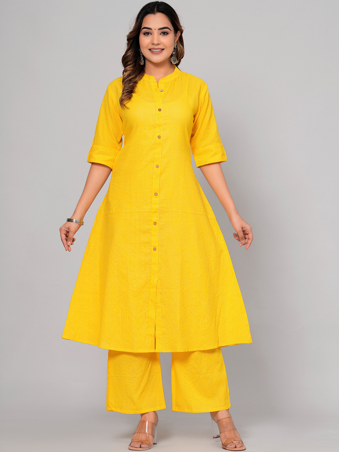 

SOMAPAH Striped Pure Cotton Kurta with Palazzos, Mustard