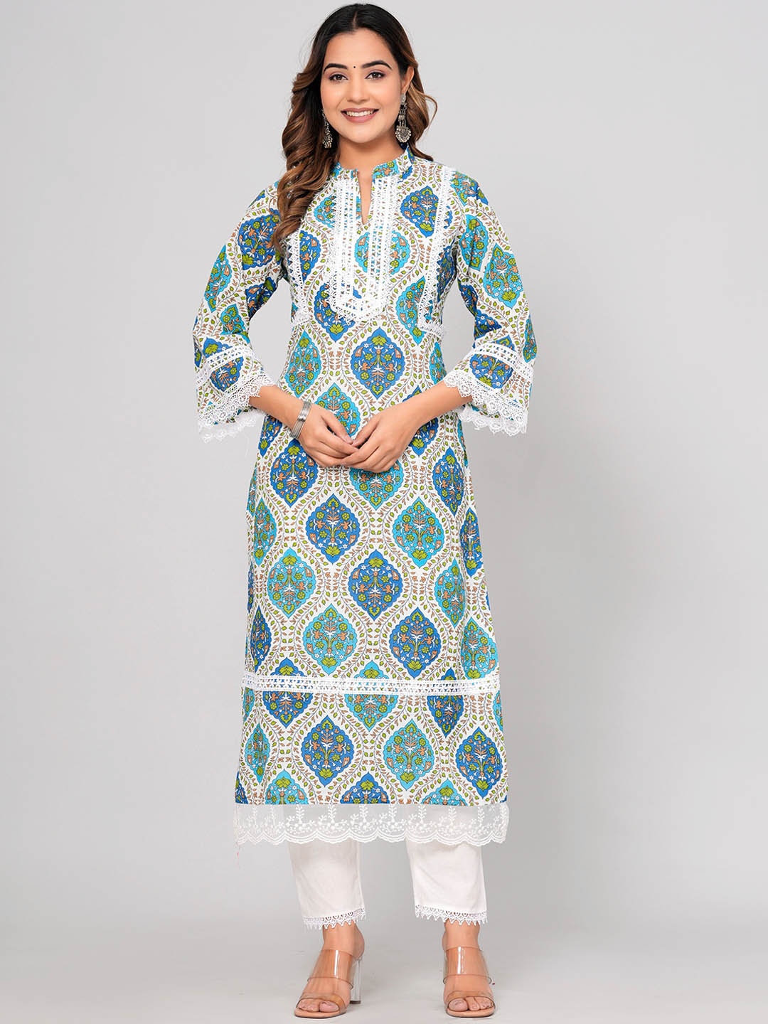 

SOMAPAH Ethnic Motifs Printed Pure Cotton Kurta with Trousers & With Dupatta, Blue