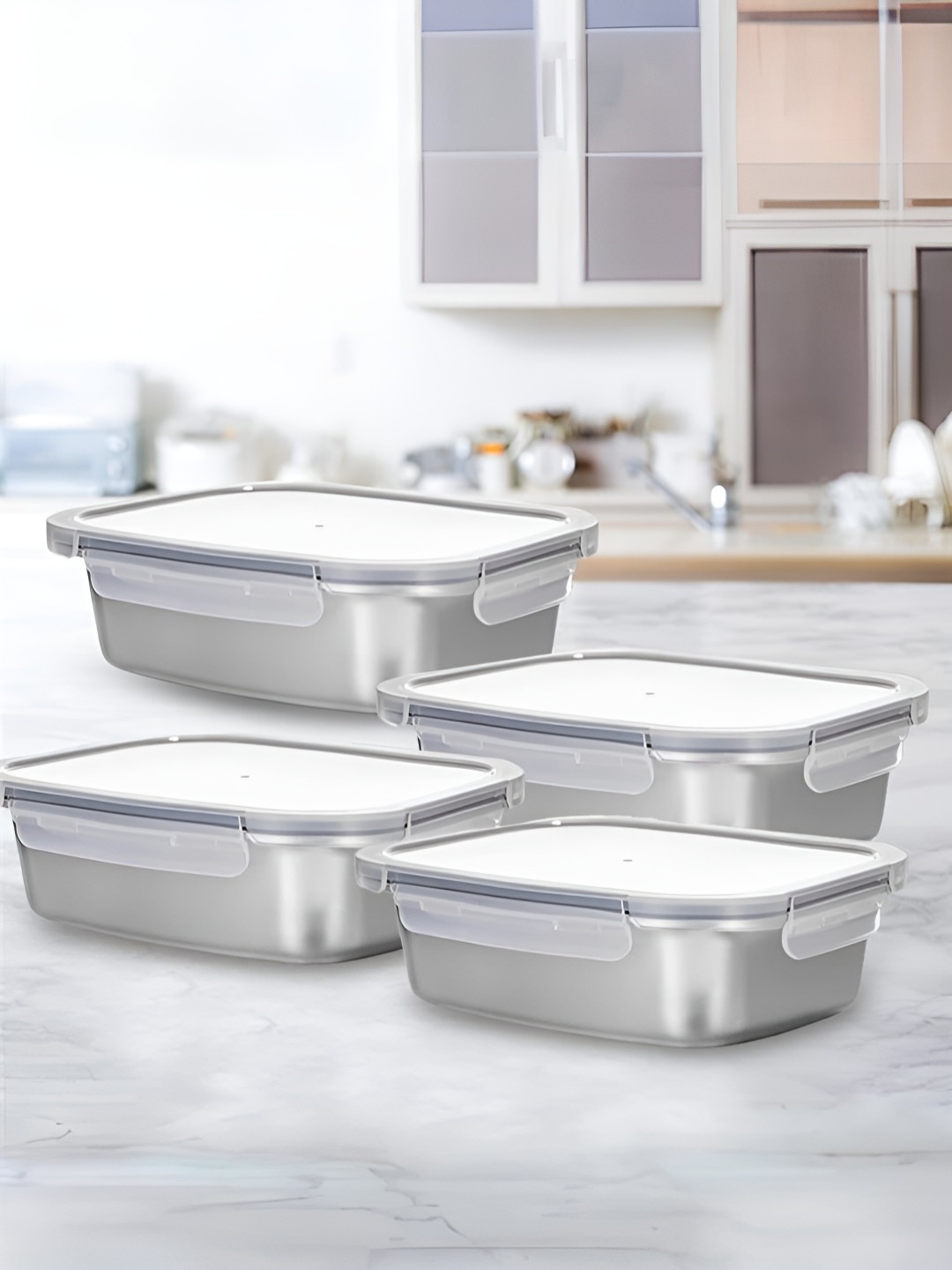 

The Better Home 4 Pieces Silver Stainless Steel Dishwasher Safe Lunch Boxes 850 ml Each