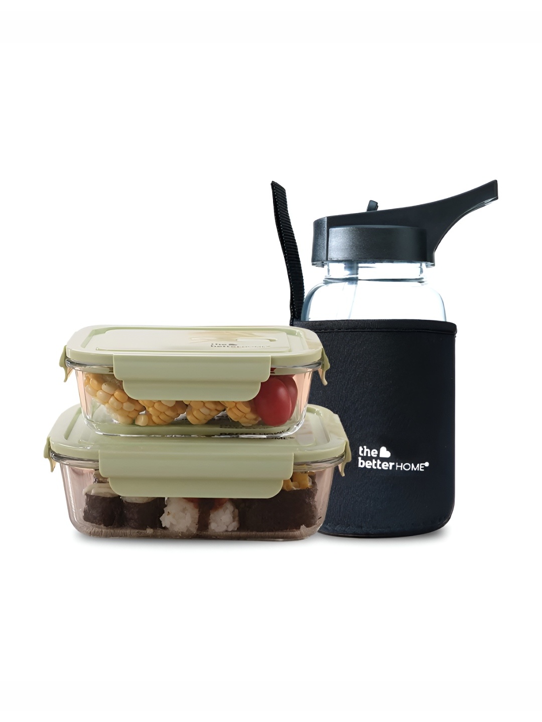 

The Better Home Green 2 Pcs Lunch Box & 1pcs Glass Water Bottle