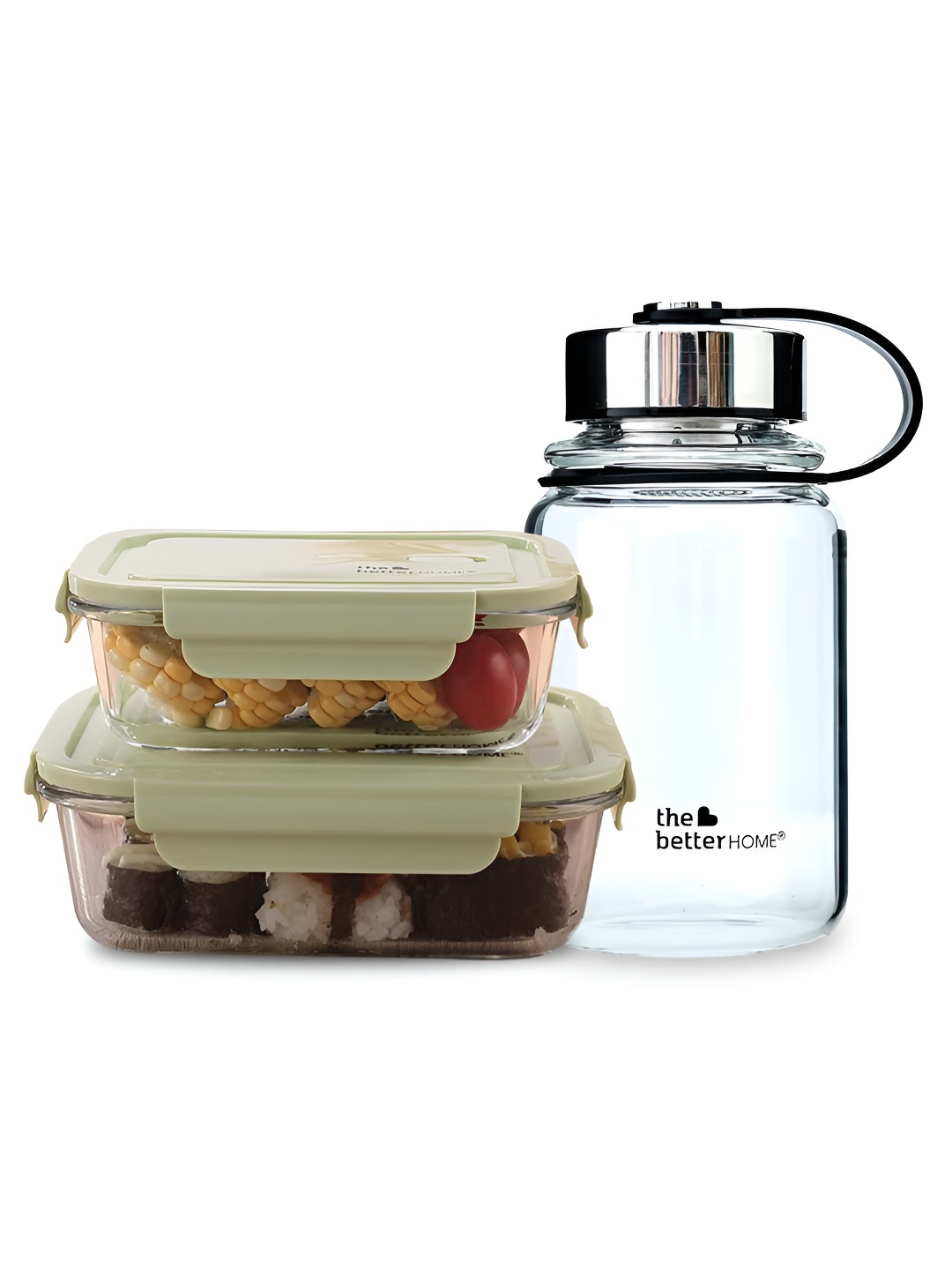 

The Better Home 3 Pcs Borosilicate Lunch Box & Water Bottle Set, Green