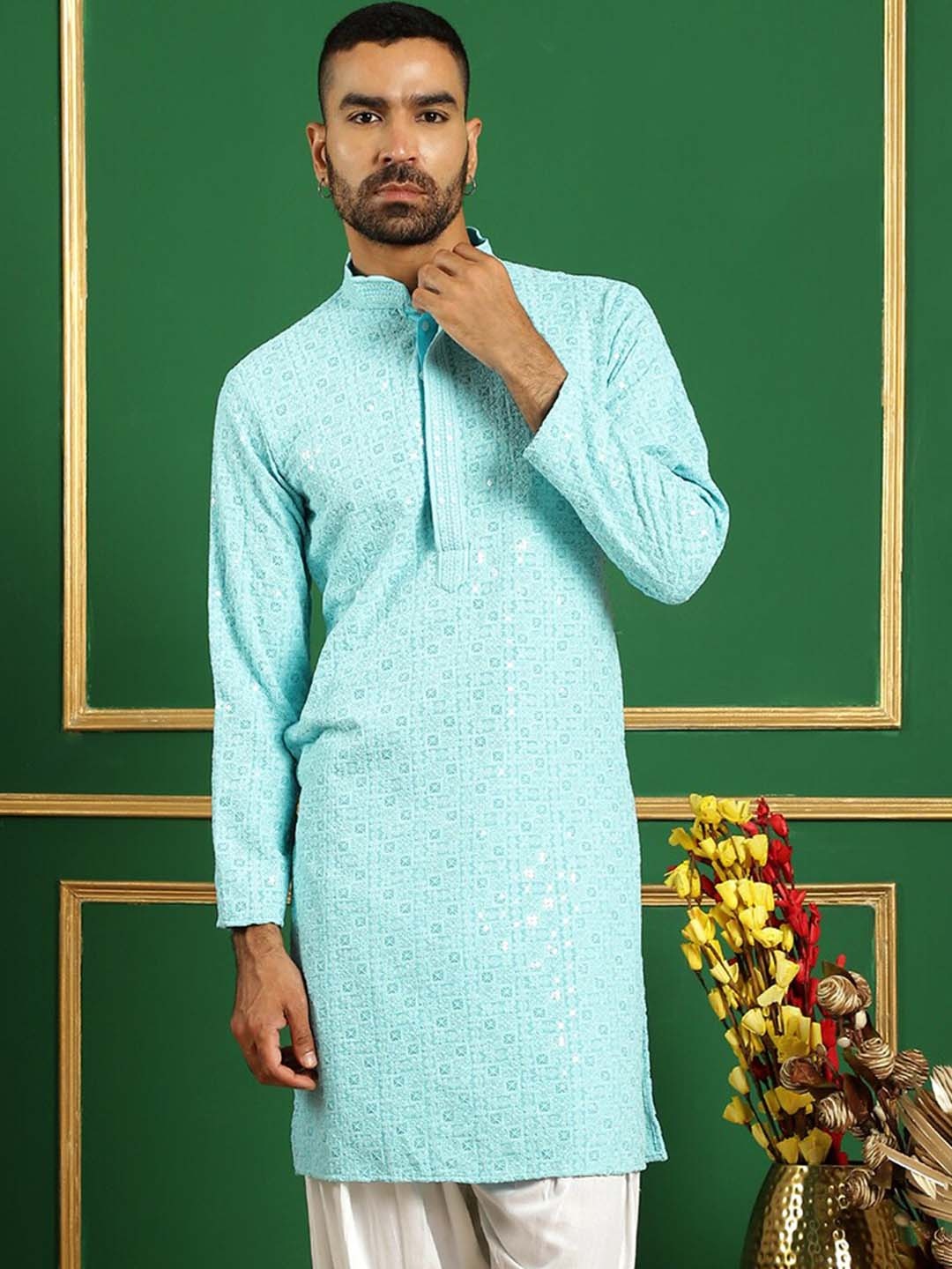 

Jompers Floral Embroidered Mandarin Collar Straight Kurta, Blue