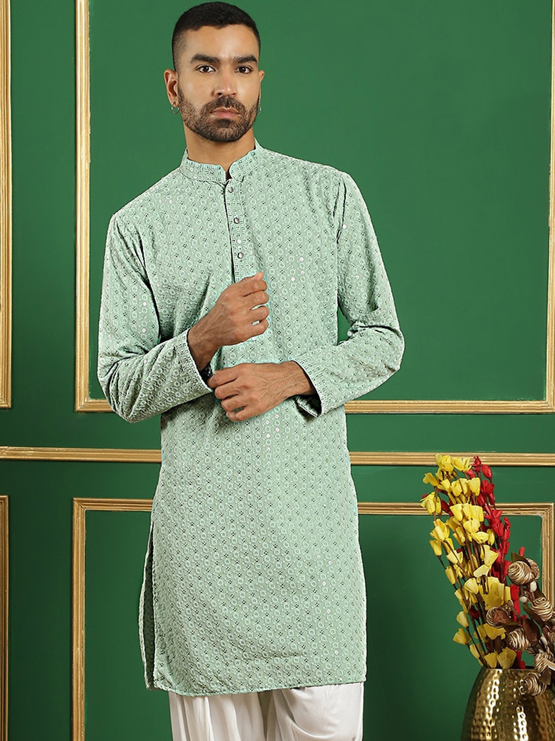 

Jompers Geometric Embroidered Mandarin Collar Sequined Pure Cotton Straight Kurta, Green