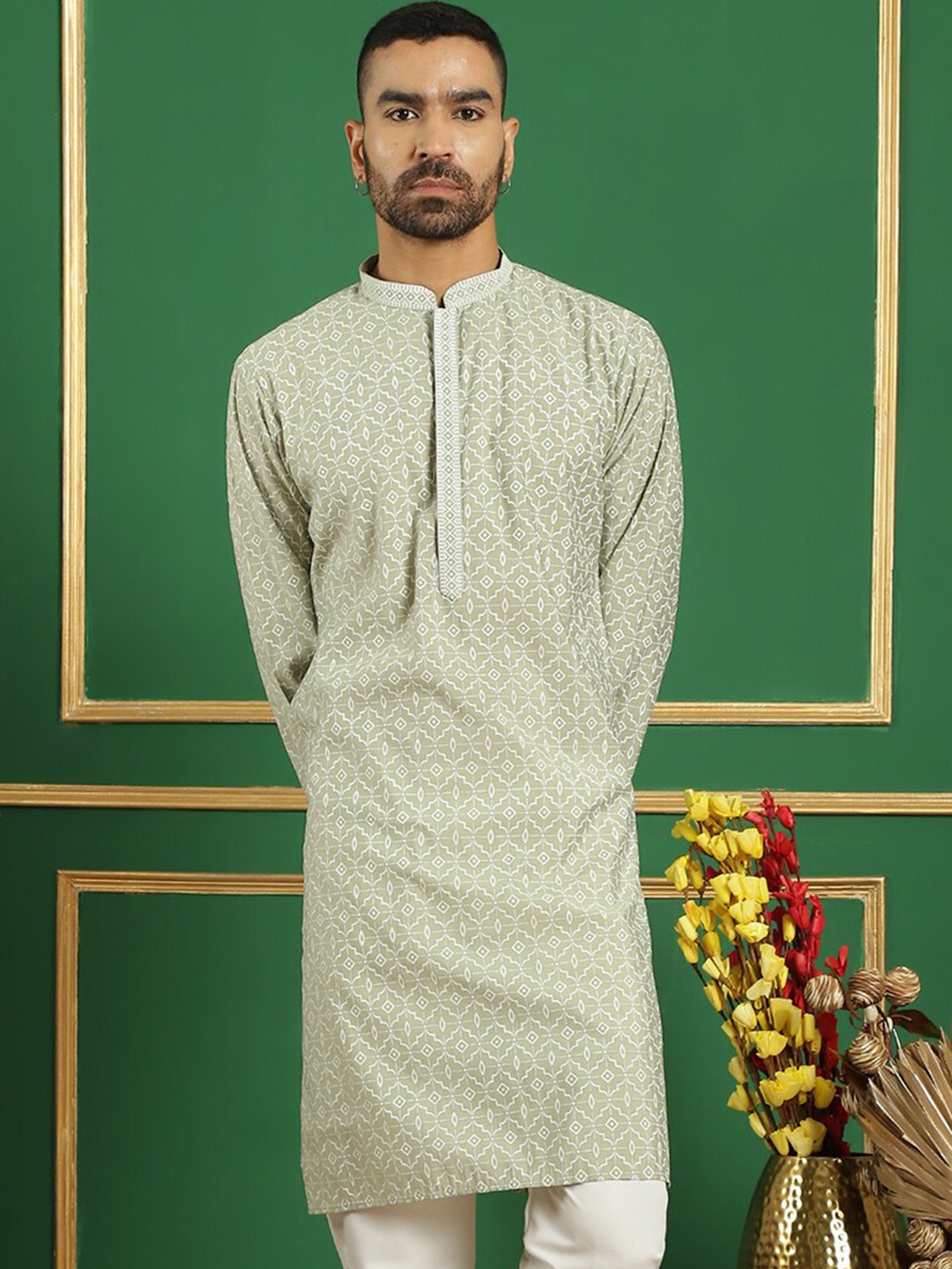 

Jompers Geometric Printed Mandarin Collar Straight Kurta, Green