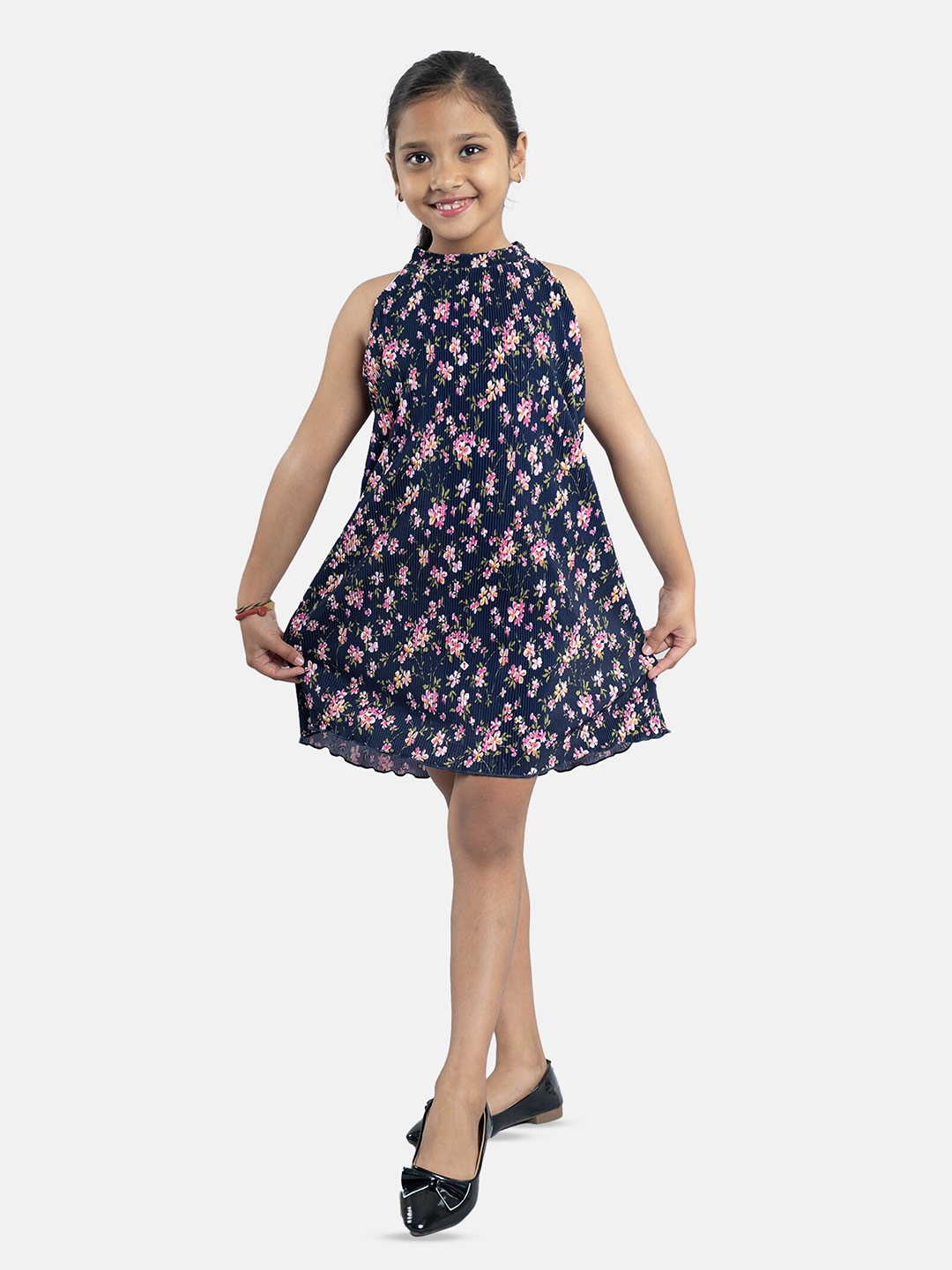 

KiddoPanti Girls Floral Printed High Neck A-Line Dress, Navy blue