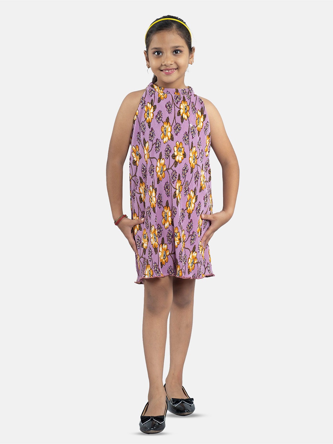 

KiddoPanti Girls Floral Printed High Neck A-Line Dress, Lavender