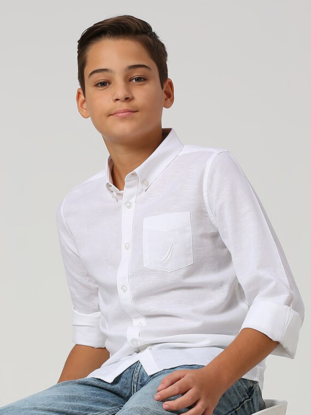 

Nautica Boys Premium Fit Button-Down Collar Opaque Cotton Casual Shirt, White