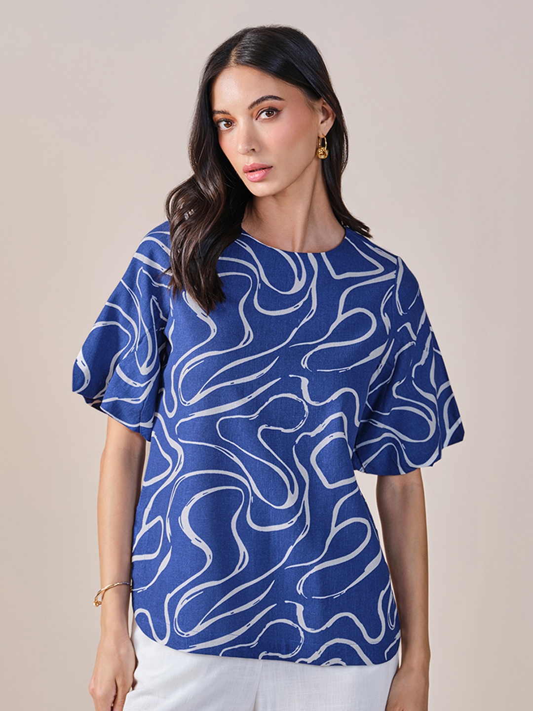 

AND Printed Puff Sleeves Top, Blue