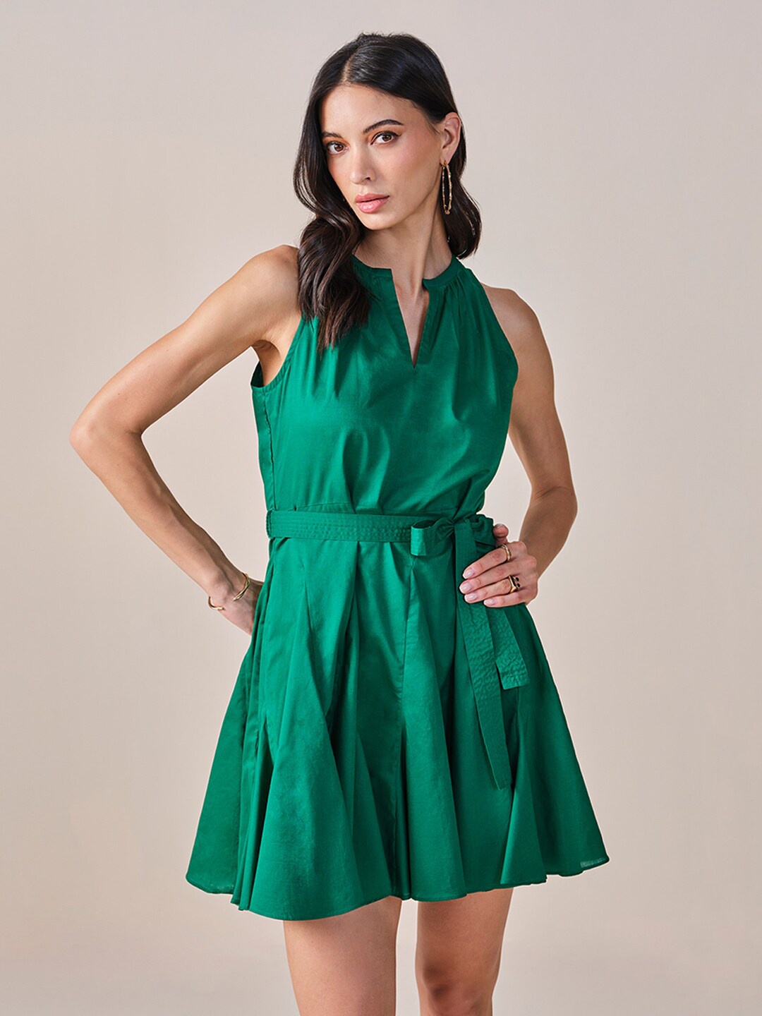 

AND Mandarin Collar Sleeveless Belted Cotton Fit & Flare Dress, Green