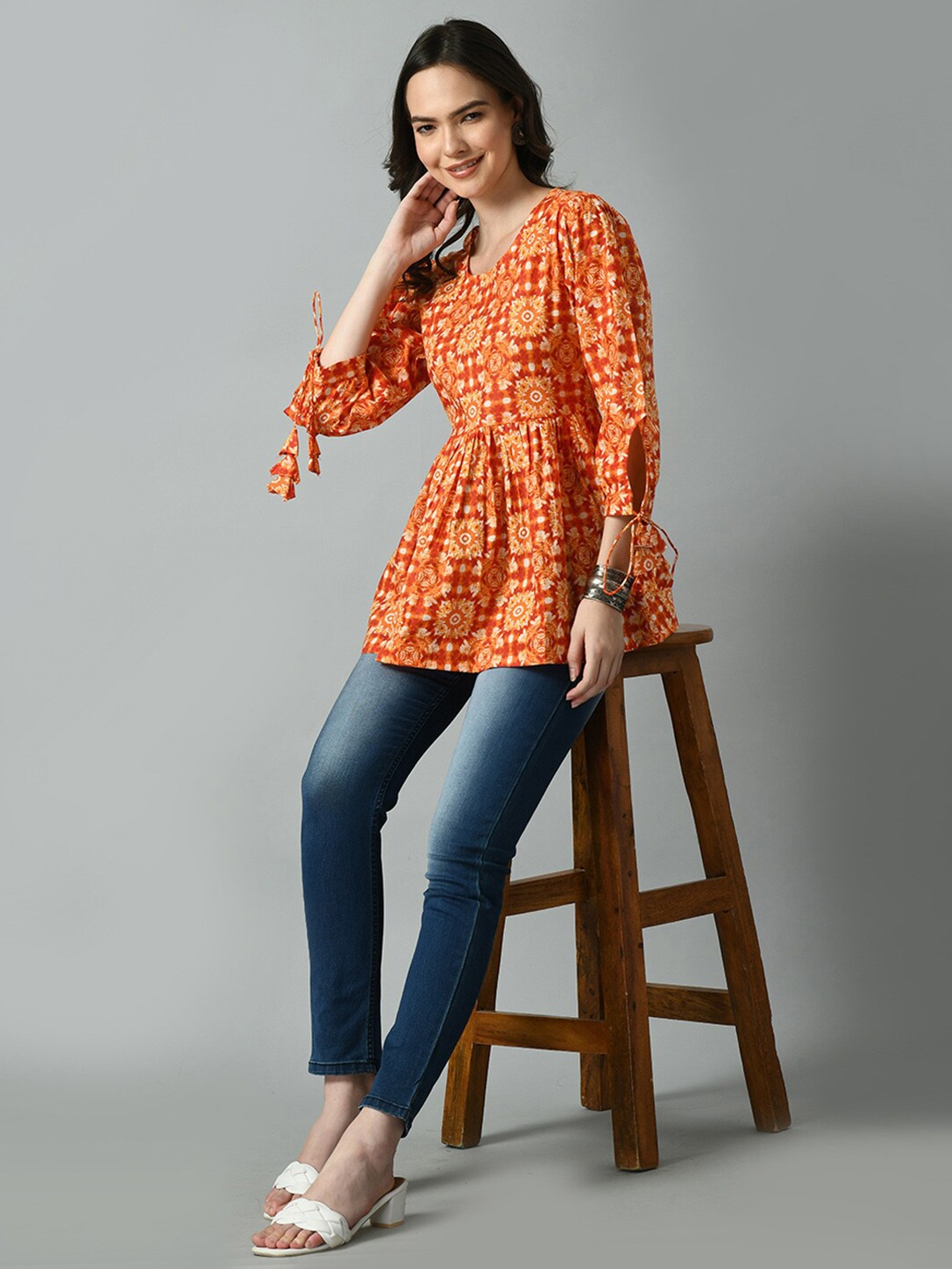 

VIDHANI Ethnic Printed A-Line Top, Orange