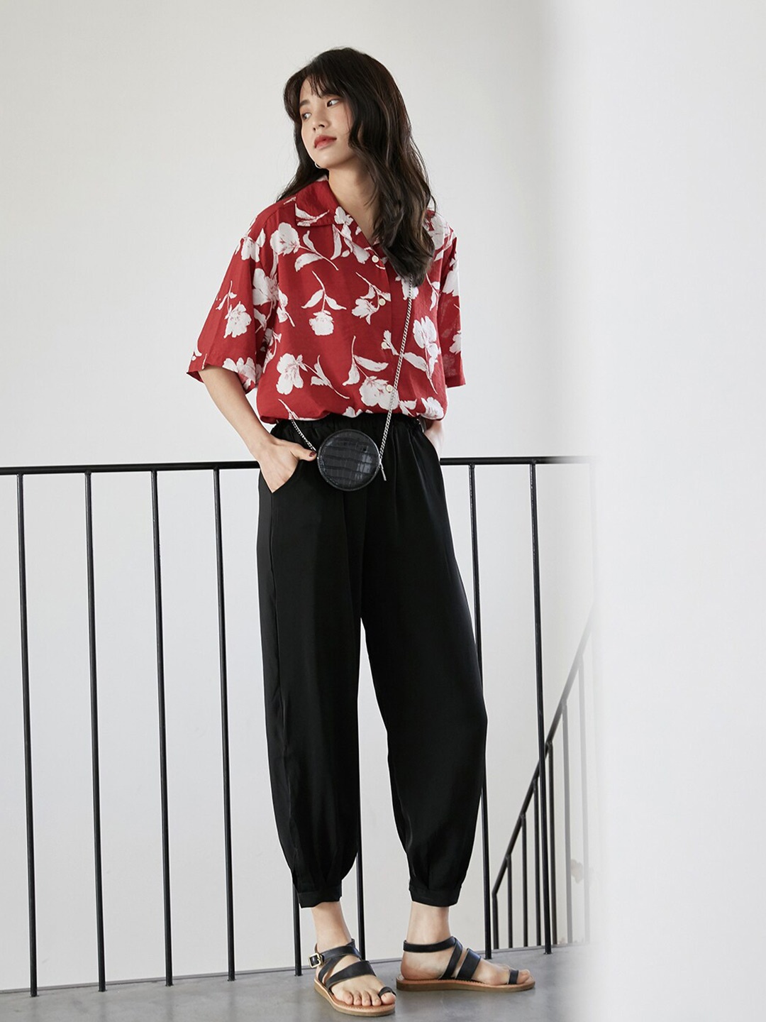 

JC Mode Cuban Collar Opaque Floral Printed Casual Shirt, Red