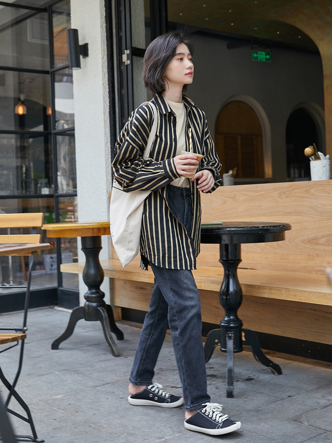 

JC Mode Spread Collar Striped Opaque Casual Shirt, Black
