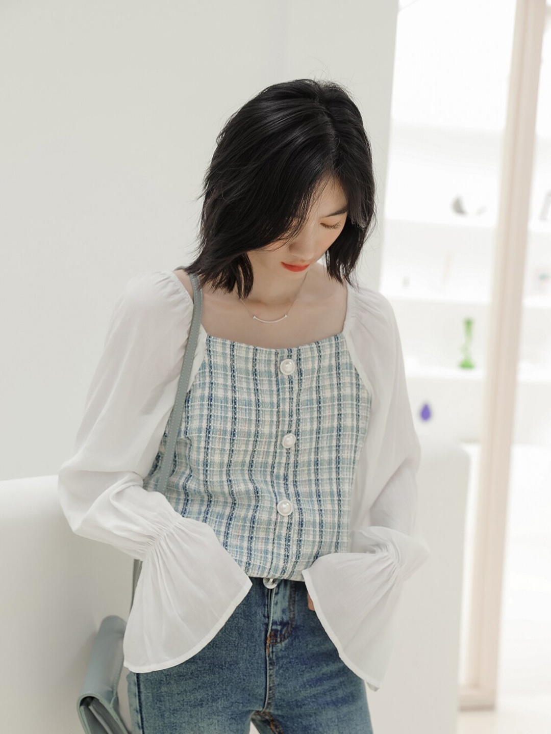 

JC Mode Round Neck Checked Top, White