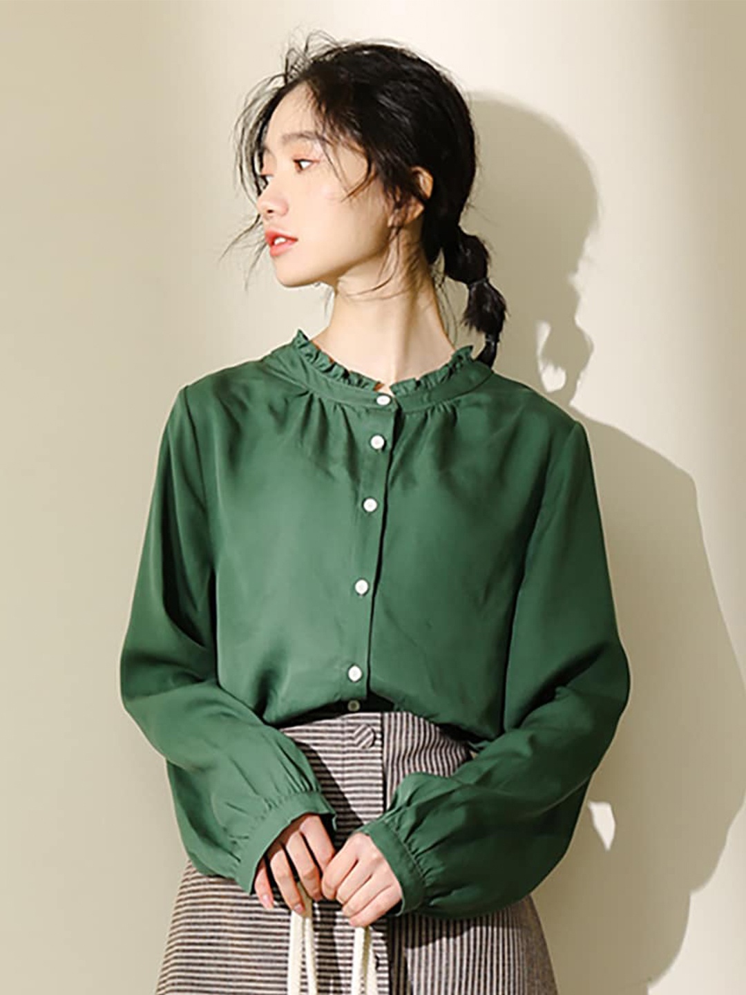 

JC Mode Mandarin Collar Long Sleeves Opaque Casual Shirt, Green